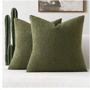 Solid Boucle Cotton SQUARE Throw Pillow Covers 16x16”-Moss Green (2 Pack)
